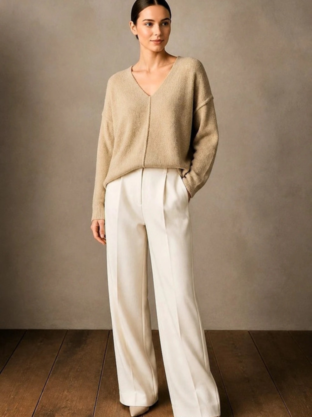 Wilfred Free Beige Hush Knit Oversized V-Neck Sweater from Aritzia